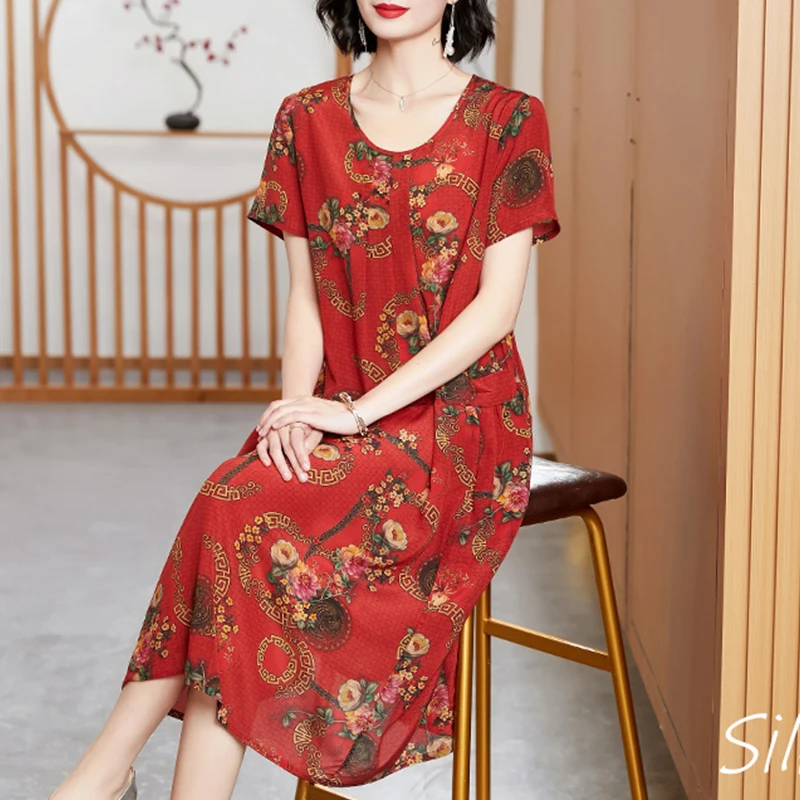 BirdTree 100%Real Silk Dresses Women,Round Neck Short Sleeves Floral Print,Slim Elegant Retro A-line Dress,2024 Spring D42269QD