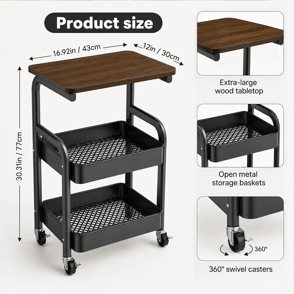 2-Tier Rolling Storage Cart with Wood Top, Black Metal Utility Trolley with Large Baskets, Mobile Bedside Side Table Organizer for Living Room Bedroom Office
