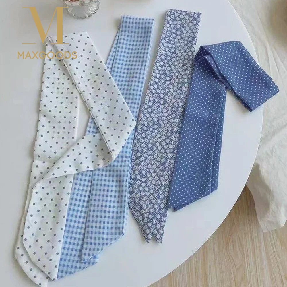 

Fashion Light Blue Series Polka Dot Hair Band Plaid Pattern Thin Plaid Neckerchief Flower Plaid Head Band Hair Accessories