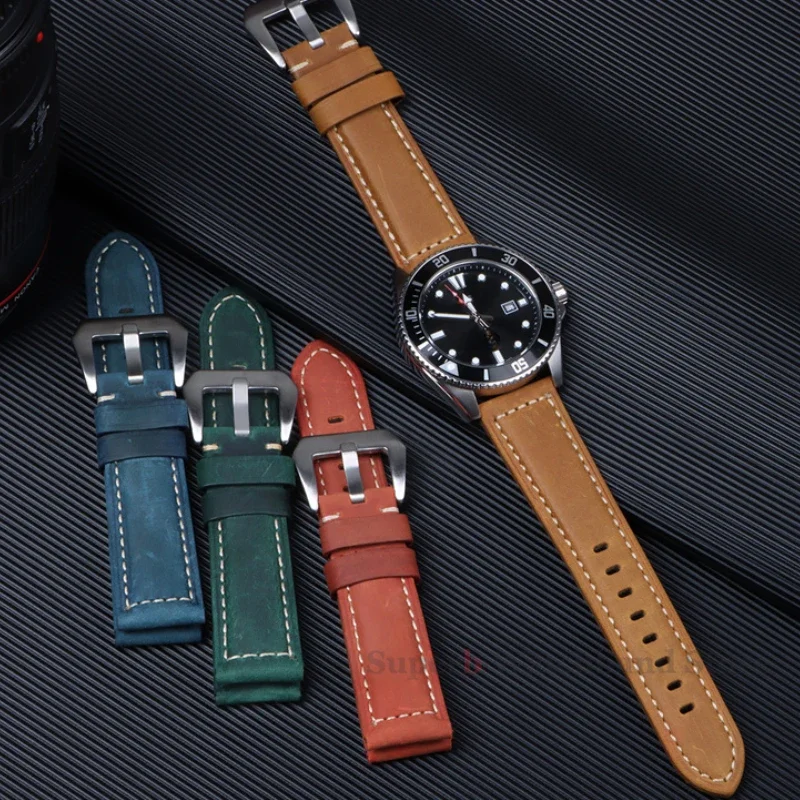 عالية الجودة جلد البقر سوار من الجلد 20 22 24 26 مللي متر الرجال حزام ساعة اليد ريترو حلقة من جلد لبانيراي كريزي هورس الرياضة سوار