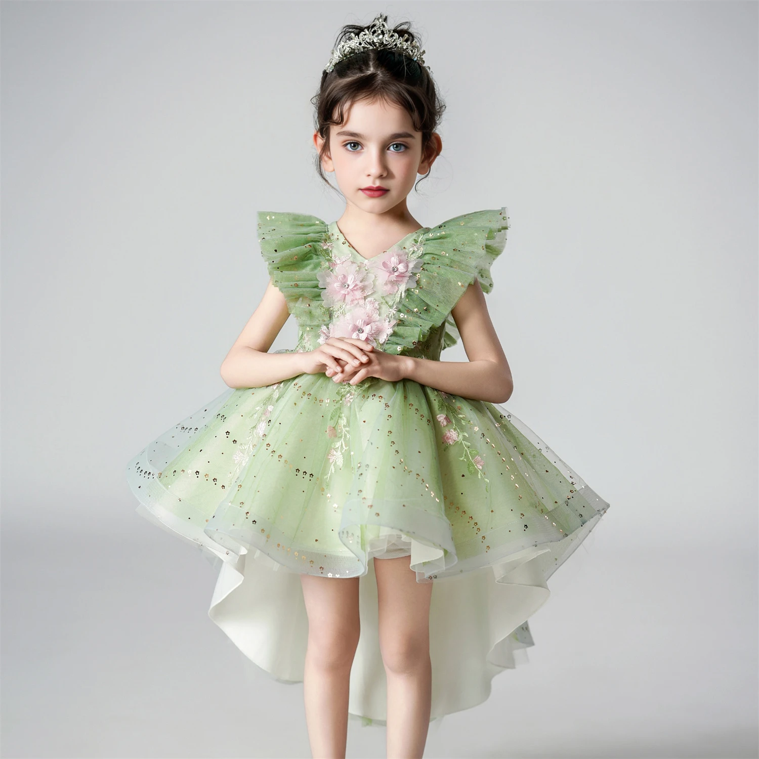 T8906 Summer New Mesh Princess Dress Children\'s Dress Performance Green Tailcoat Girl Flower Children\'s Wear