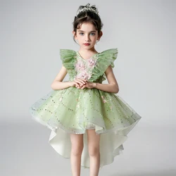 T8906 Summer New Mesh Princess Dress Children's Dress Performance Green Tailcoat Girl Flower Children's Wear