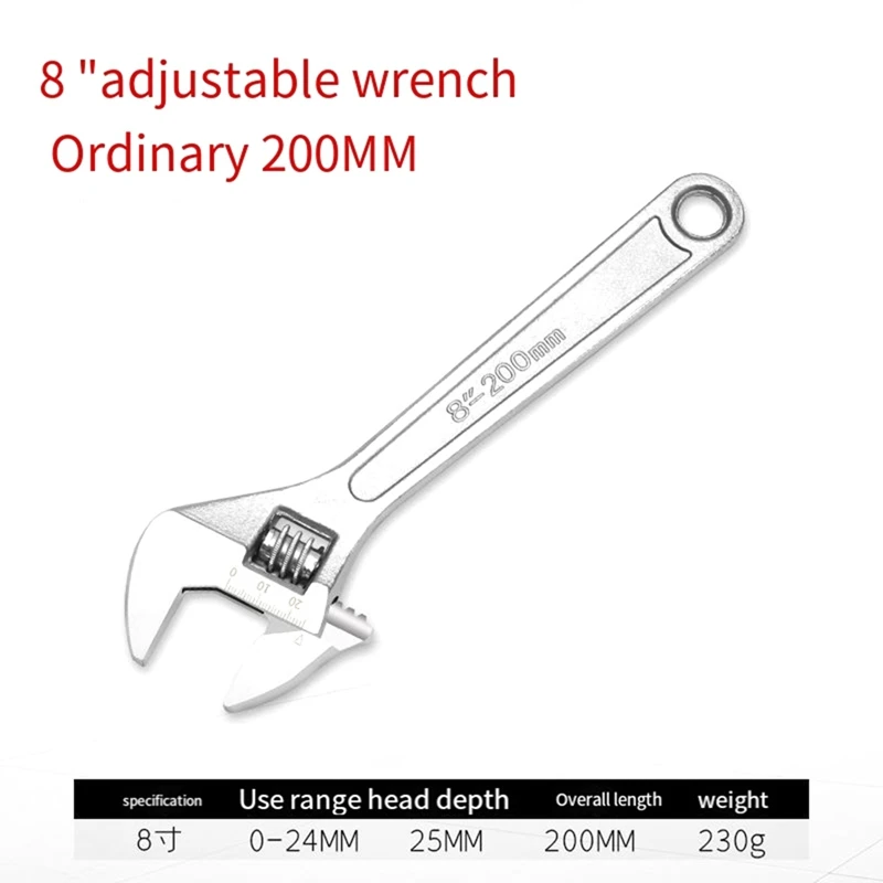 8-Zoll-verstellbarer Schraubenschlüssel, großer Öffnung, langer Griff, Universalschlüssel, Kohlenstoffstahl, mechanische Werkstatt, Handreparaturwerkzeuge