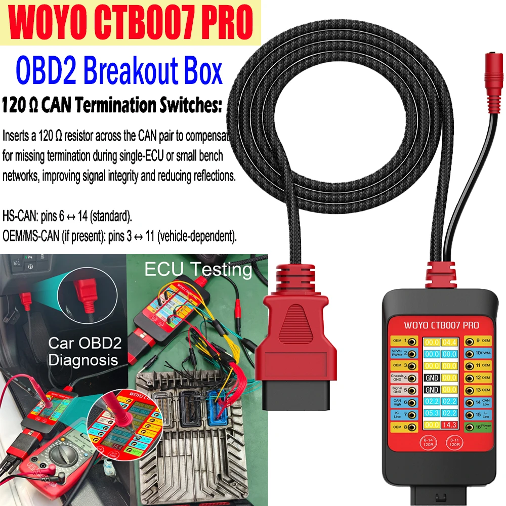 

ECU Testing Tool on Bench Automotive Diagnostic Tool WOYO CTB007 PRO OBD2 Breakout Box with LCD Digital Vrms Display CAN Test