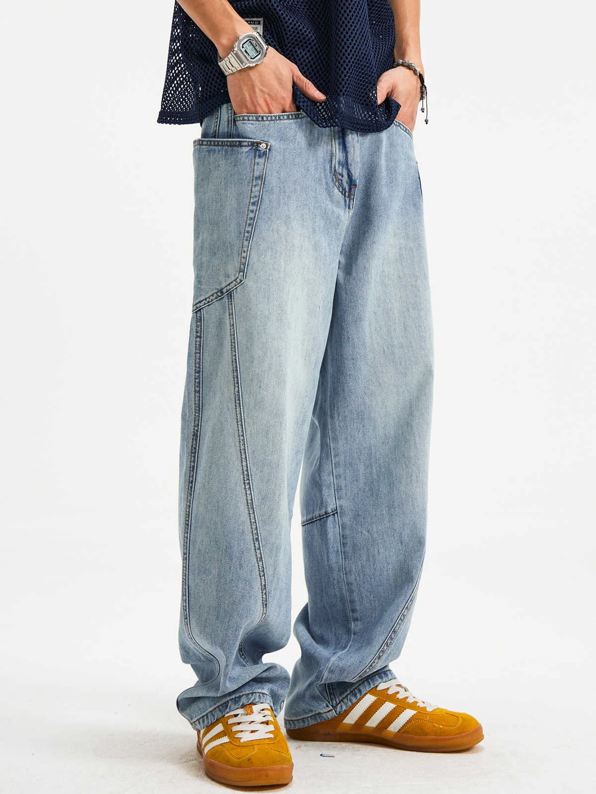 

Loose Straight Leg Blue Jeans Men's Large Size Casual Banana Pants Multiple kets Workwear Spring Autumn Faion Jeans