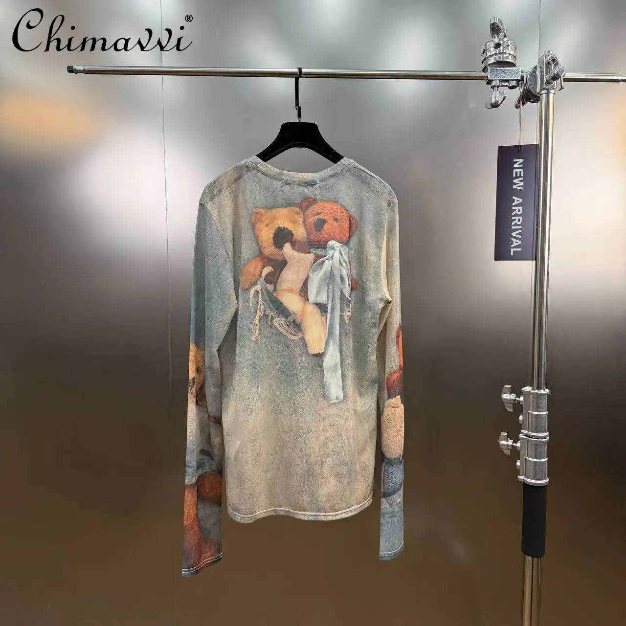 

2026 Spring and Summer New Fashion Bear Print Long-sleeve T-shirt Women's Long Sleeve Casual Mesh Slim-fit Top Tees