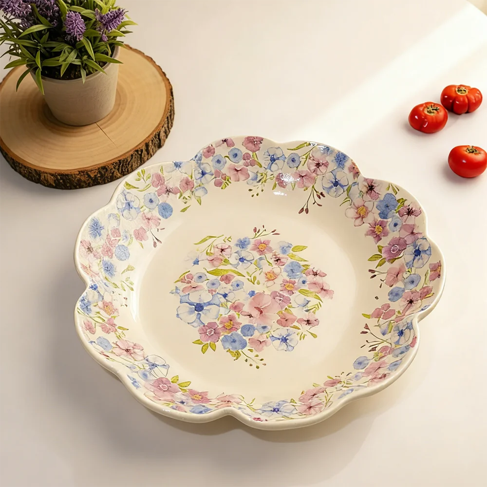 

Watercolor Floral Ceramic Plate Scalloped Rim Round Plates Exquisite Afternoon Tea Cake Dessert Dish Home Kitchen Tableware ﻿