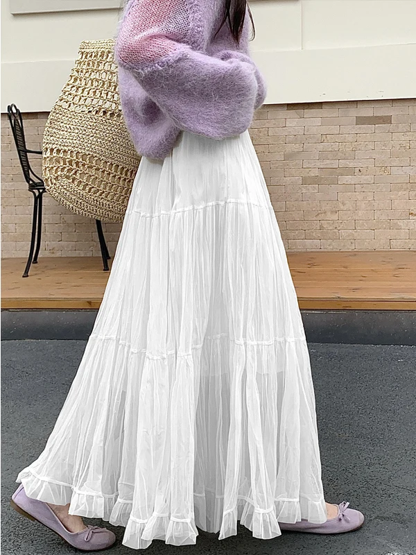 Retro Mesh Half Skirt Women's Elastic Waist Slim A-Line Pleated Skirt Summer New Style Soft Comfortable Polyester Fabric