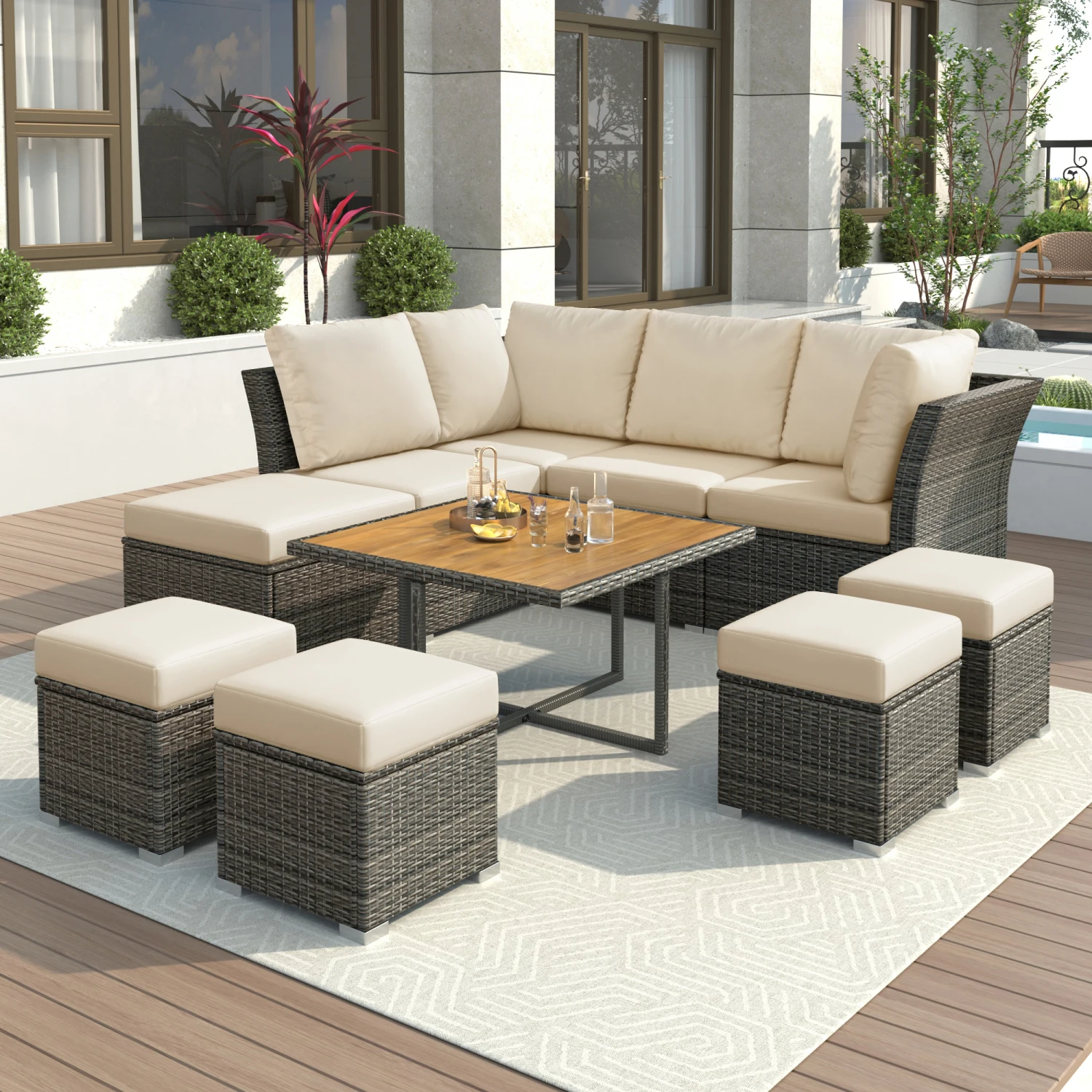 

U_STYLE Patio Furniture Set, 10 Piece Outdoor Conversation Set, CoffeeTable with Ottomans, Solid wood coffee table