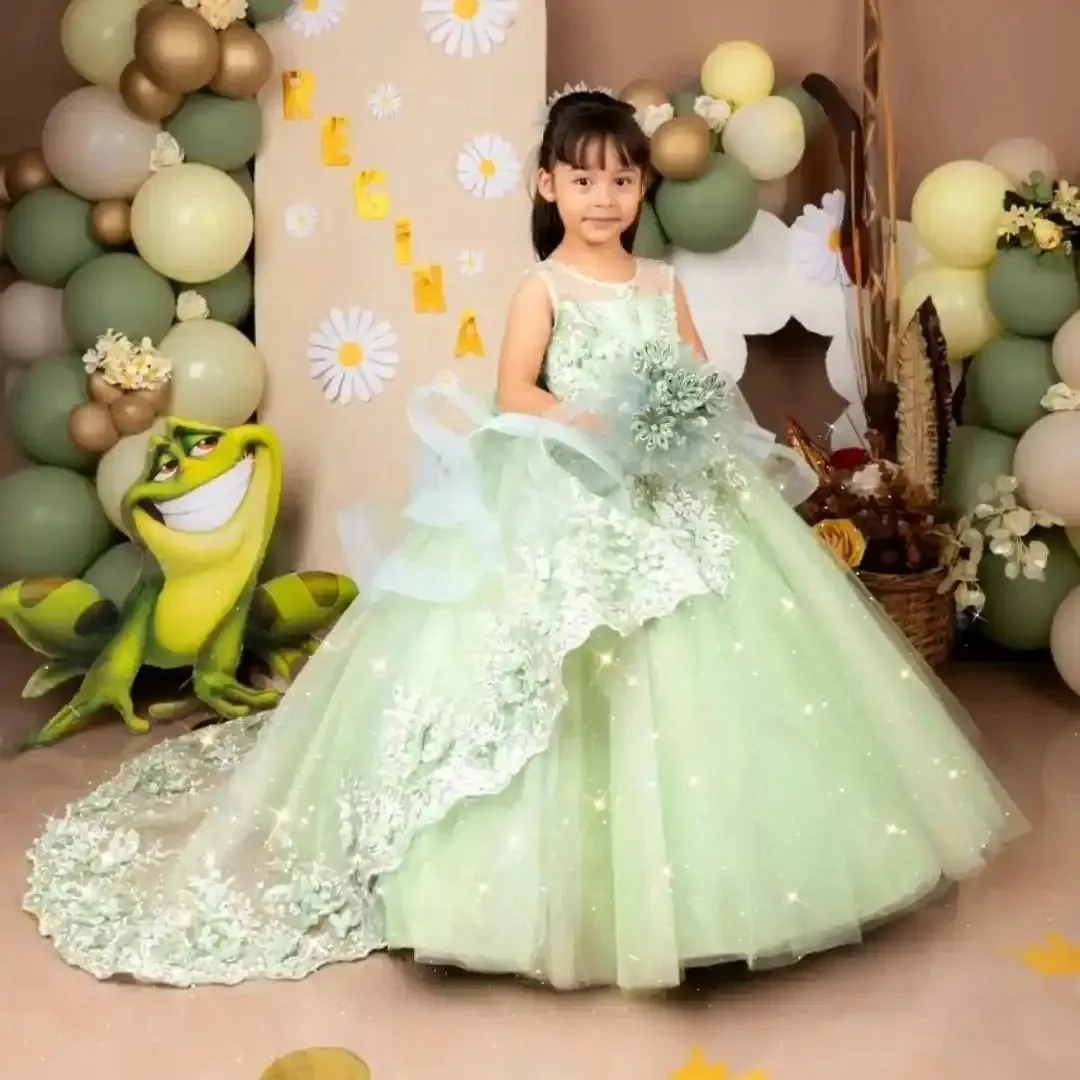 

Customized Green Sleeveless Flower Girl Dresses for Wedding Lace Appliques Princess First Communion Kids Birthday Party Gowns