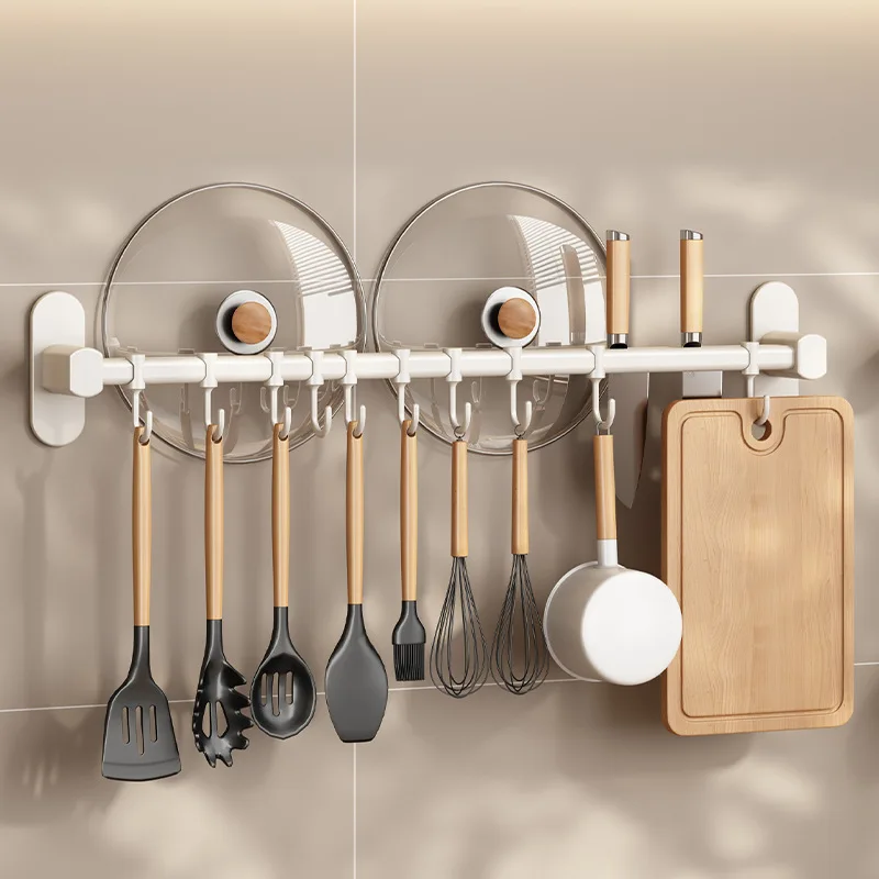 

No punching Wall-mounted Kitchen Rack with Rod Hook Knife Rack for Pot Lid Spatula Storage Shelf Organizer Kitchen Accessories