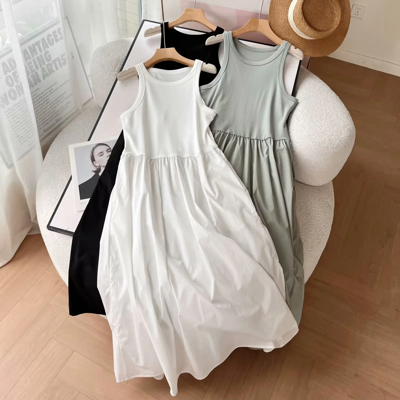 

Women 2024 Spring and Summer New Fashionable vest-style Stitching Casual dress Chic Round Neck All-match Loose Long Dress Mujer