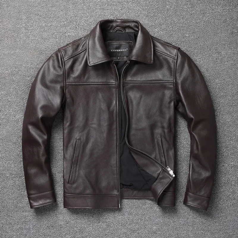 2025 New Clothes Men's Top Leather Coat Dark Brown Slim Fit Short Large Size Motorcycle