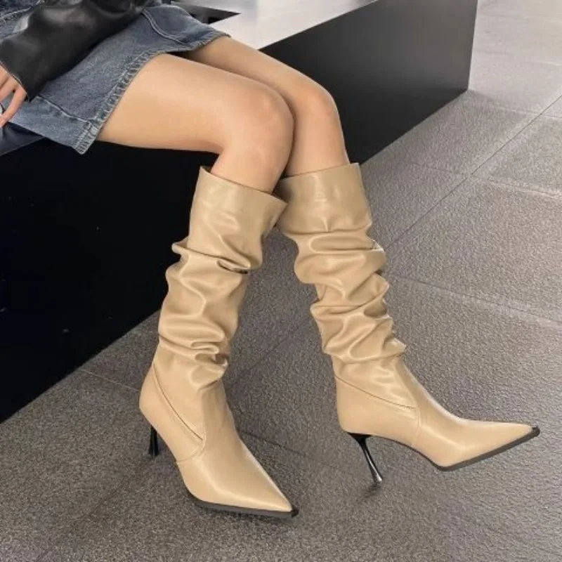 Ladies Knee Shaft Shoes Pointed Toe High Heels Women's Long Boots Elegant Heeled Leather on Promotion Large Size Warm Y2k Boot