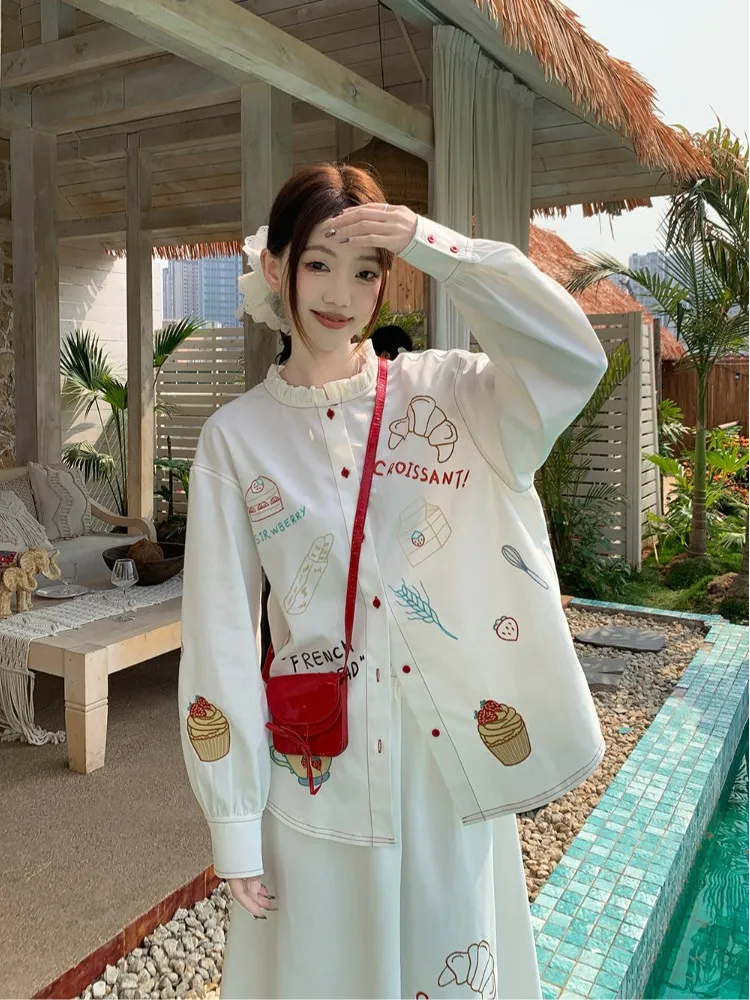 SALIENCY Retro Colorful Embroidery Skirt Set Female Summer 2025 Elegant Pring Stand Collar Shirt A-line Mid-length Skirt Outfit
