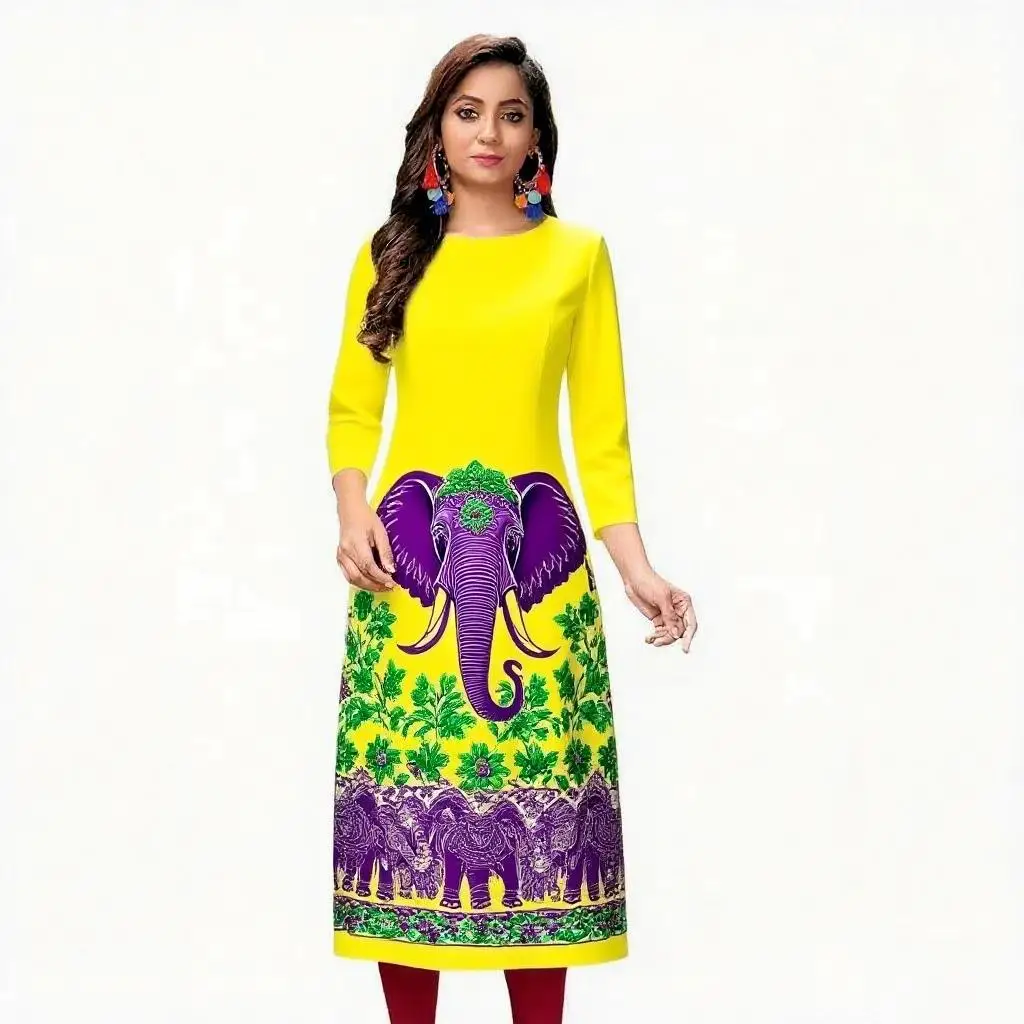 Abito kurt da donna alla moda ed elegante a maniche lunghe a tubo dritto casual girocollo con motivo a elefante colorato