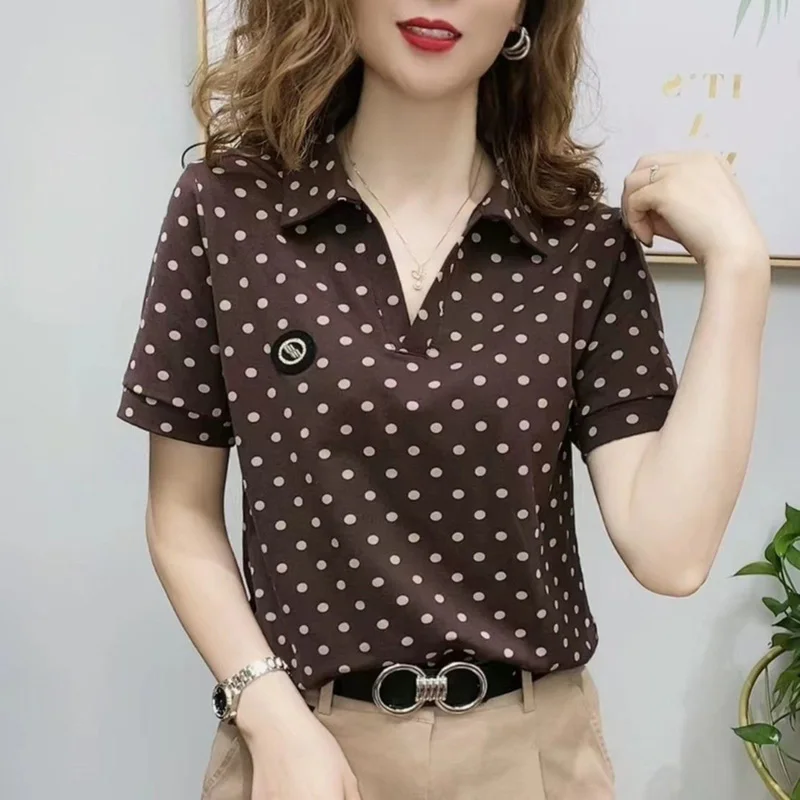 

Vintage Printed Polka Dot Lapel Oversized Blouse 2022 Summer New Commute Pullovers Fashion Loose Casual Women's Clothing Shirt