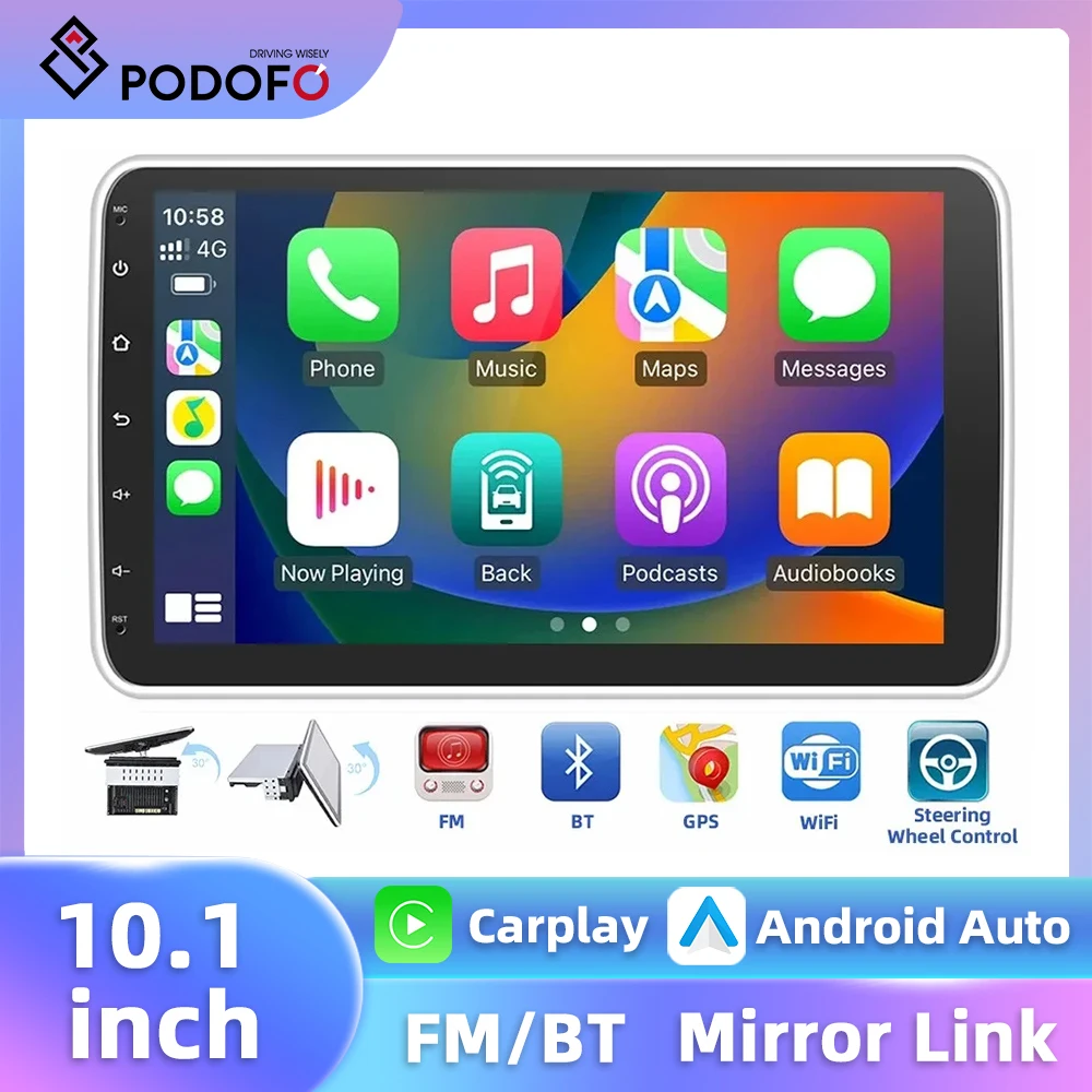 Podofo 1 Din Android 10.1'' Car Stereo WIFI Carplay Android Auto GPS Navigation HiFi Bluetooth USB RDS FM Rotation Car Audio