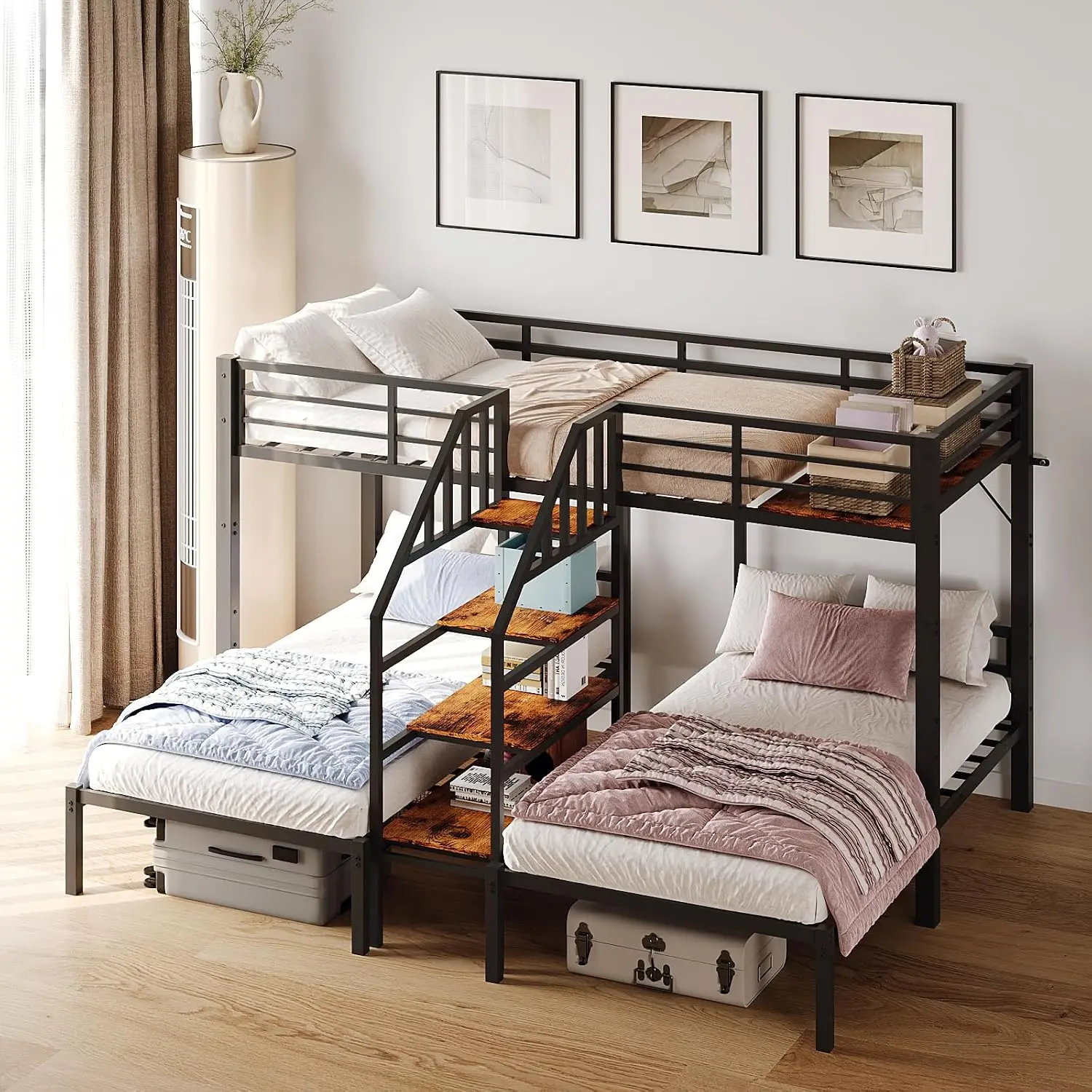 Metal Triple Bunk Bed with Stairs, Twin Over Twin Over Twin Bunk Beds for Kids,Teens and Adults, 3 People Bed, No, Customized