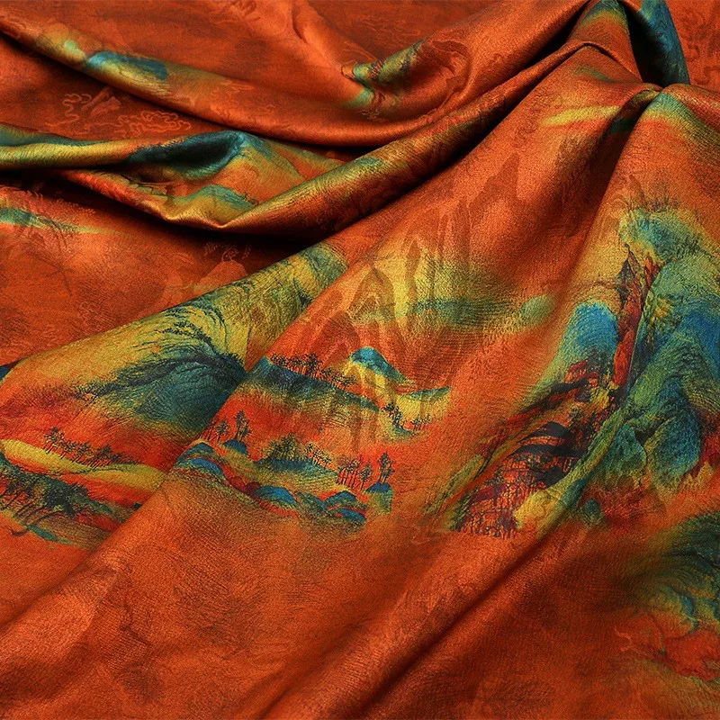 Tkanina żakardowa w dużych kolorach górskich, idealna na jesienno-zimowe ubrania wierzchnie, cheongsam, z nadrukiem w stylu starożytnym.