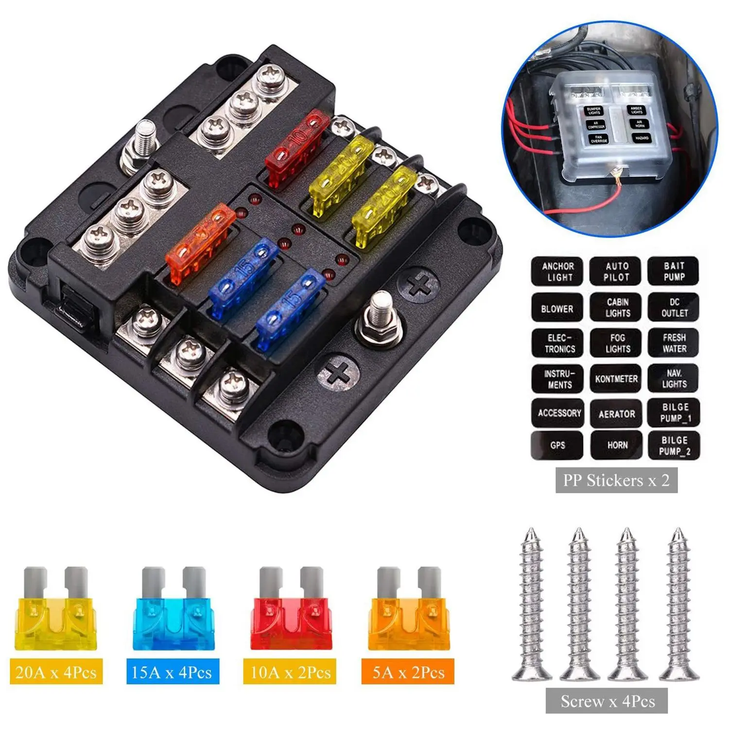 Fusible étanche à 6 voies avec indicateur LED, boîte à fusibles marine négative, 12 circuits, DC 12 V, 24V, voiture, bateau, camion, montres