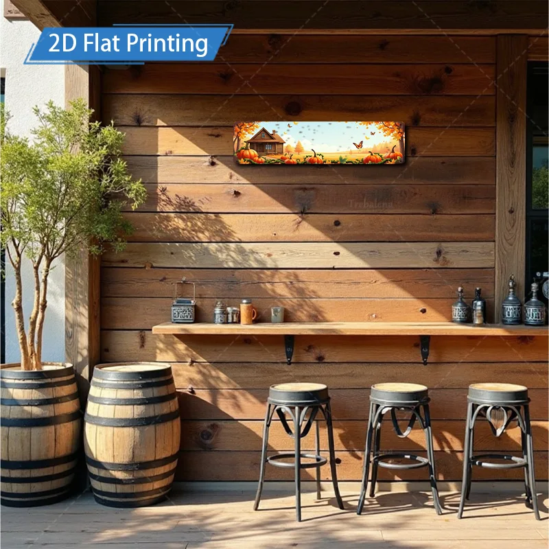 1pc 4x16inch Metal Sign Autumn Farmhouse Scene Flat Printing Metal Sign with Pumpkins and Butterflies Decor