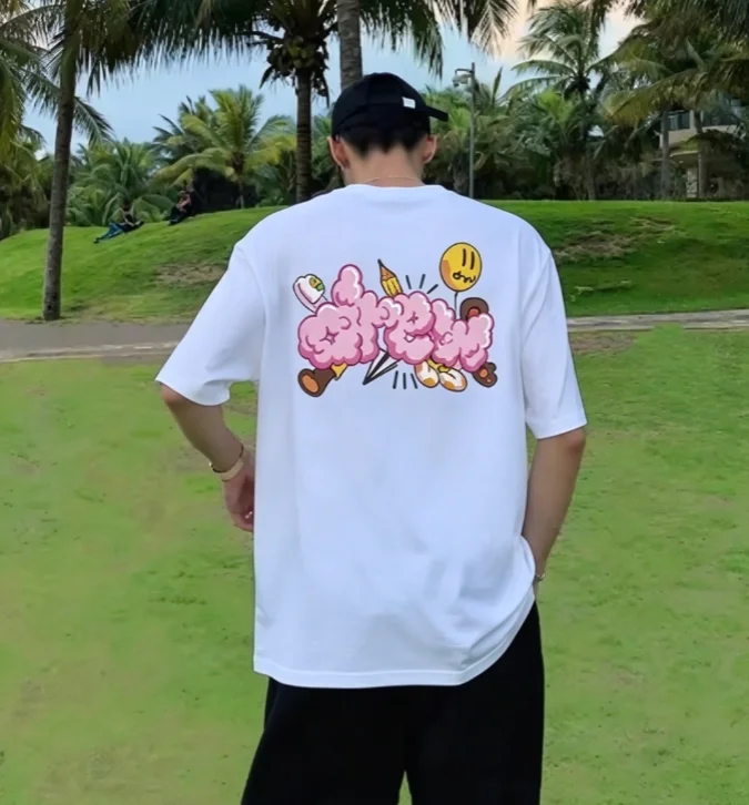 2026 new Back Graffiti Bubble‑Letter Smiley Graphic Print High‑Quality Comfort Loose Street‑Style Short‑Sleeve Tee