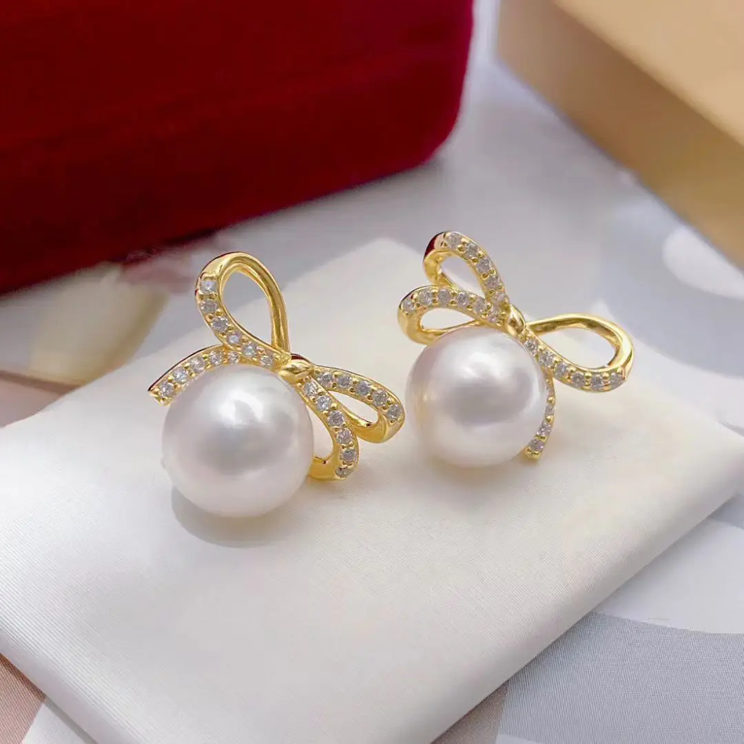 Bow Knot S925 Sterling Silver Earrings Mount Findings Settings Base Mounting Parts Accessory for 8-9mm Pearls 5 pairs/lot