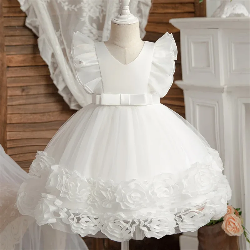 Flower Party Dresses for Girls Flying Sleeves Puffy Princess Dress Baby Girl Birthday Baptism Tutu Gown Children Wedding Clothes