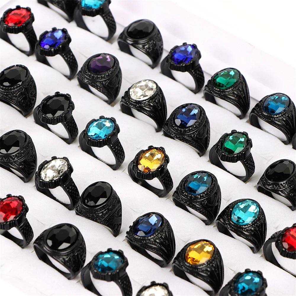 10Pcs/Lot Fashion Glass Colorful Imitation Gemstone Jewelry Rings For Men Women Mix Style Party Gifts