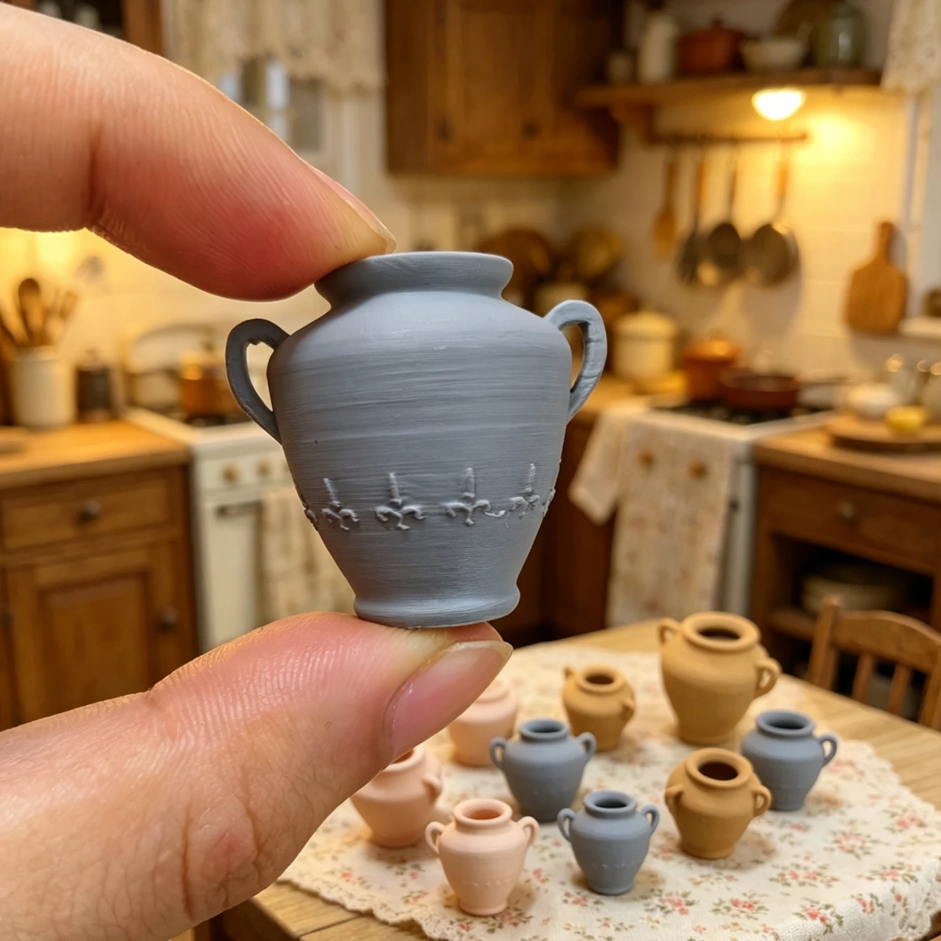Miniature Ceramic Three-Piece Set, Dollhouse Retro Decorative Item, Realistic Clay Scene Prop, for Enthusiasts' Collection.