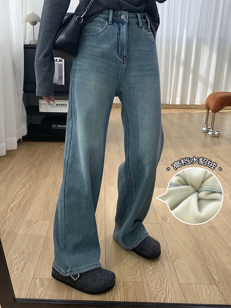 

Бархатные свободные широкие джинсы с высокой талией на подкладке, женские зимние повседневные длинные брюки прямого кроя