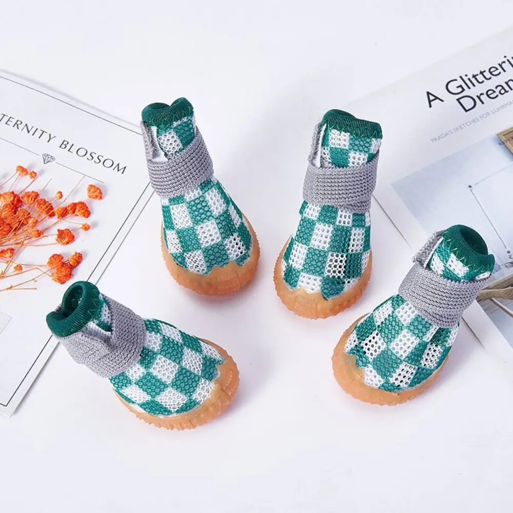 4pcs/set Anti-skid Breathable Pet Dog Shoes Wear-resistant Soft Puppy Mesh Shoes Breathable Sandwich Mesh Hollow Dog Boots