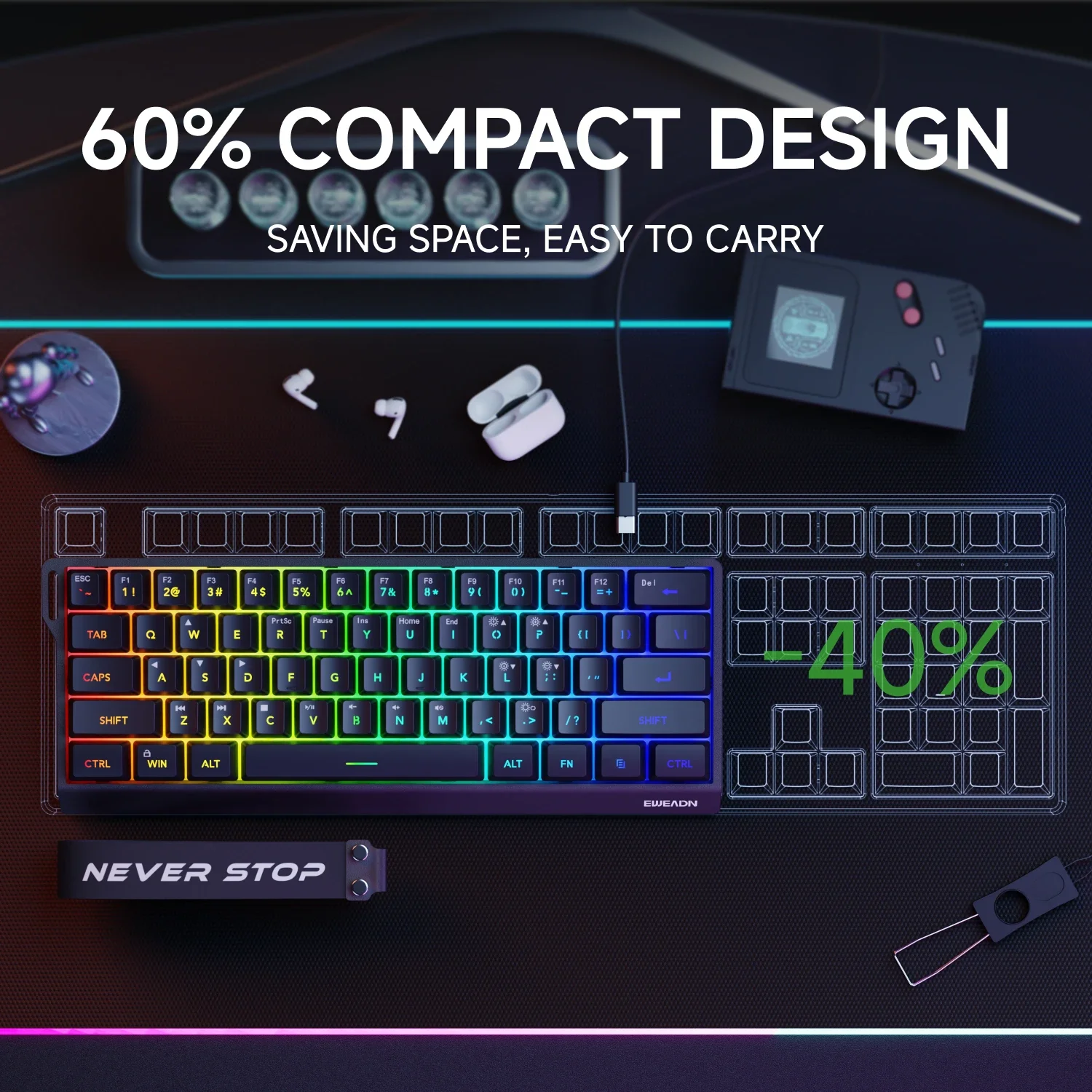 EWEADN Mini Keyboard 61-Key Layout Gaming, Wired Type-C, Silent RGB Backlit Aesthetic Design, Lightweight