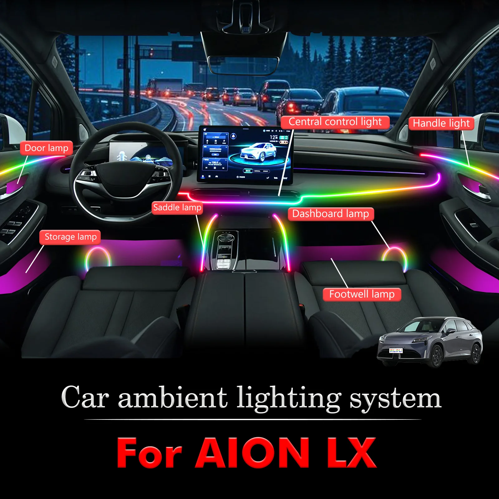 

For AION LX Car Interior Ambient Light RGB 64-Color LED Smart Remote Control Energy Saving Lamp Kit