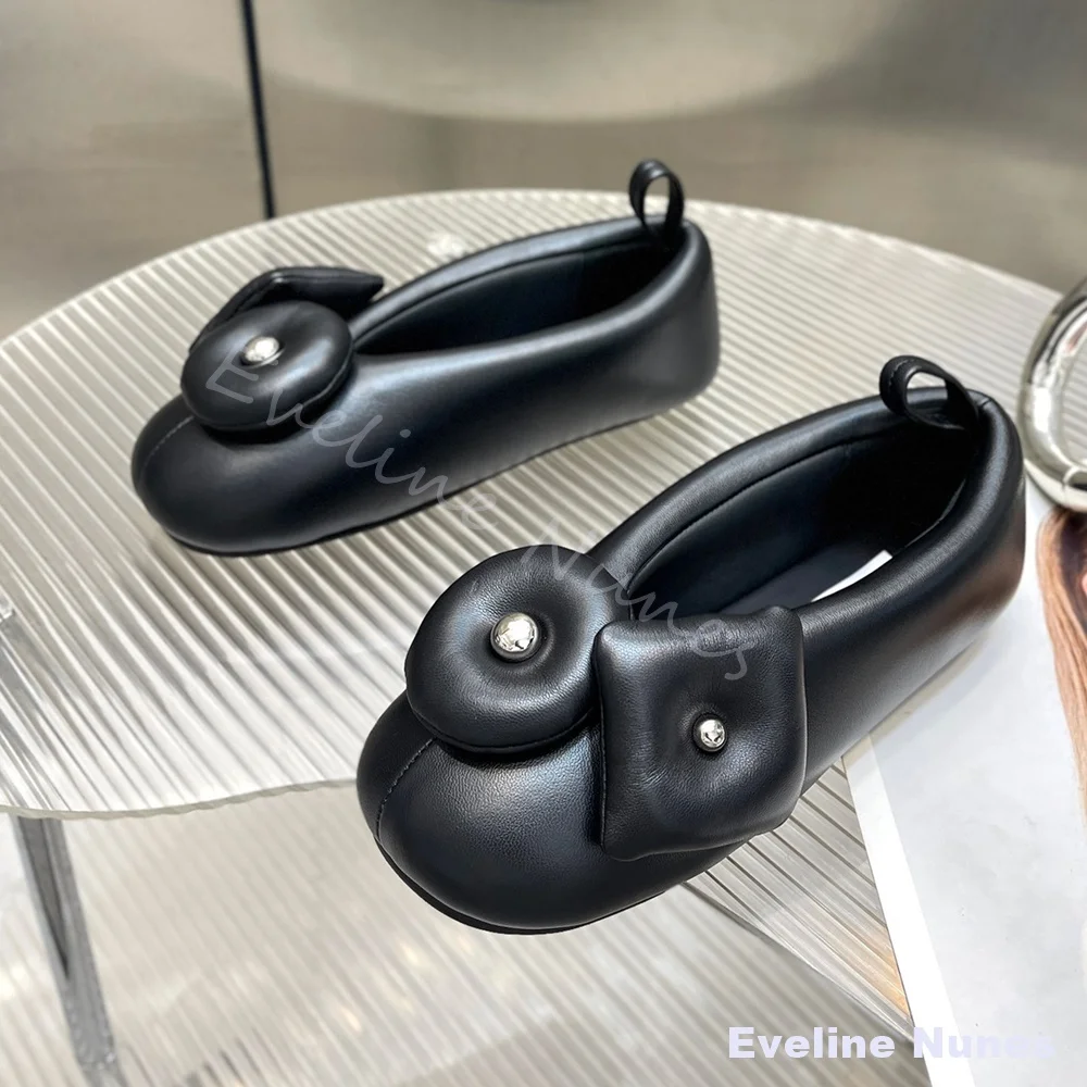 Women Black Soft Leather Ballet Flats Round Toe 3D Flower Button Decor Slip On Casual Shoes Minimalist Designer Flat Shoes