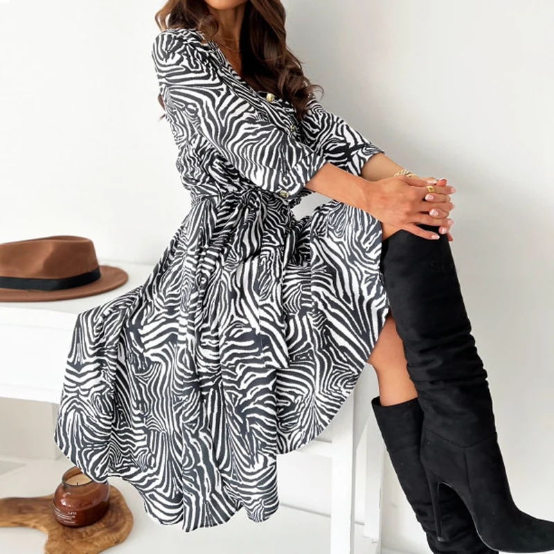 Elegant V Neck Waist A-Line Party Dress Autumn Casual Button Lace Up Pleated Big Dress Women Pattern Print Long Sleeve Dress