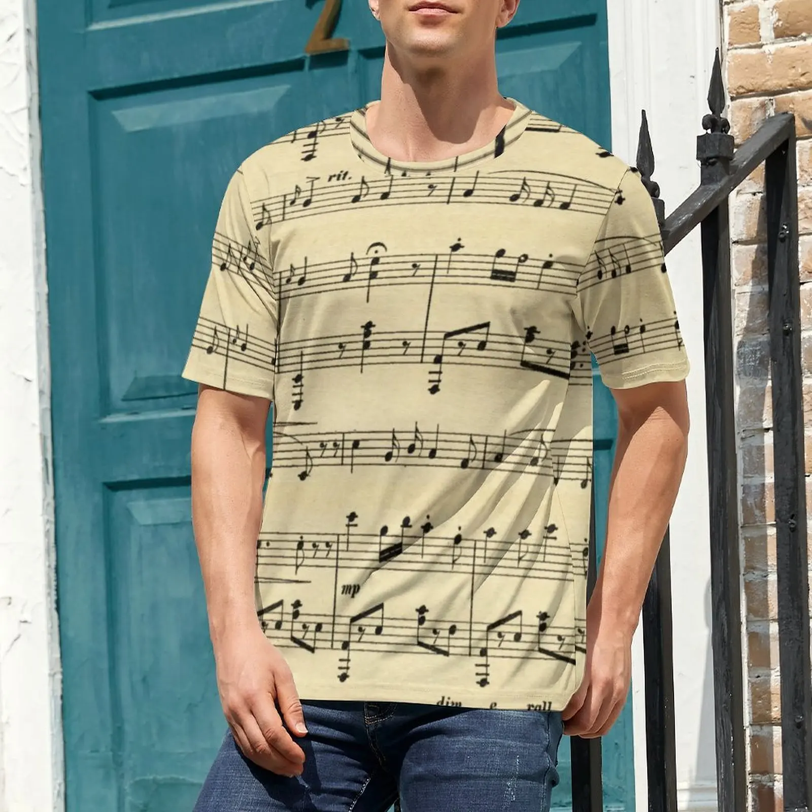 Oversized T-Shirt Summer Antique Sheet Music T Shirts Vintage Print Basic Crewneck Tshirt Men Fashion Graphic Clothes