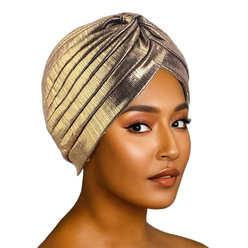 

New Women Metallic Turban Head Wrap Hat Gold Silver Muslim Inner Hijabs Pleated Indian Cap Beanie Hat Ladies Hair Loss Headscarf