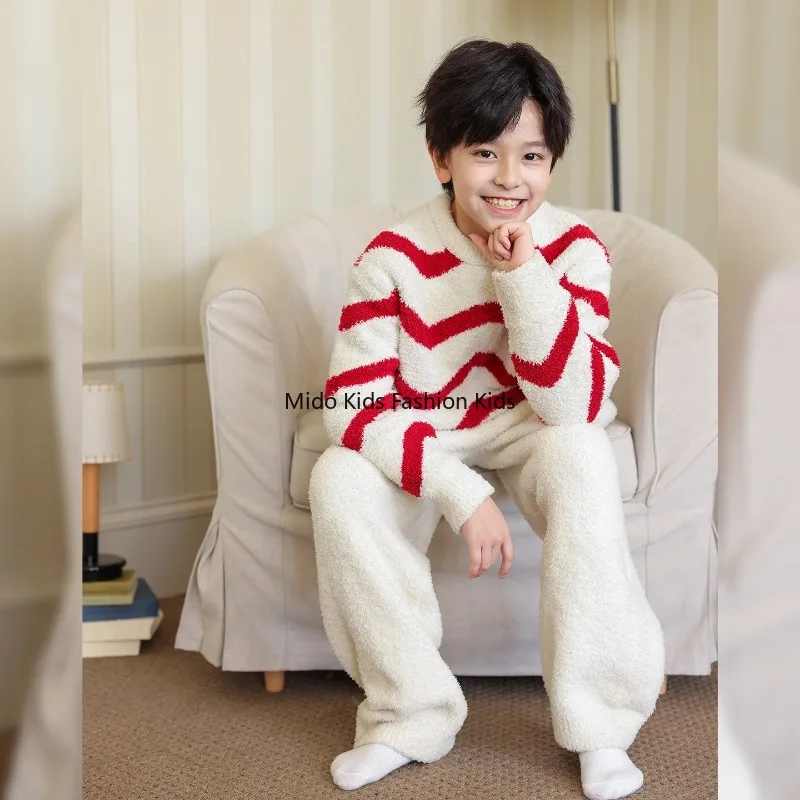 Boys' Coral Fleece Pyjama Set 2025 Winter New Arrival Children's Half-Fleece Striped Loungewear120-170cm