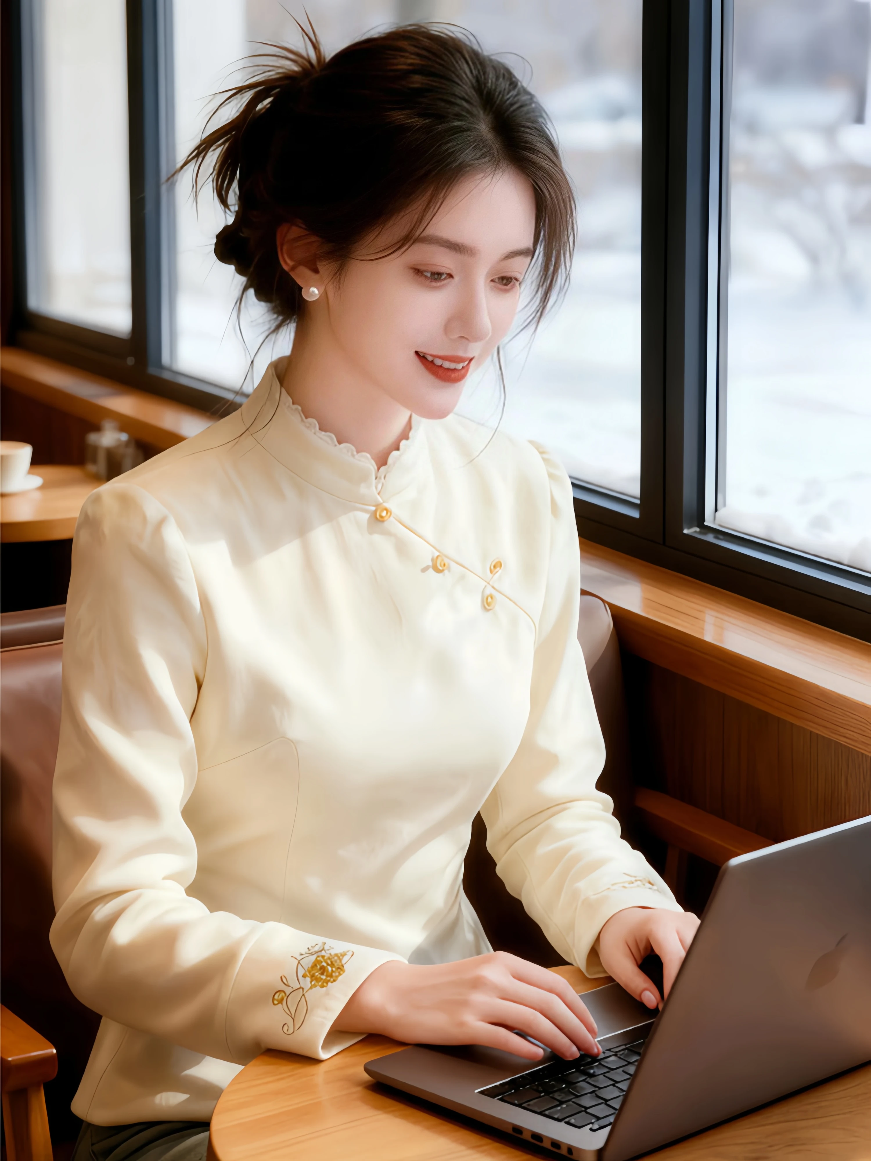 

New Chinese Style Embroidered Fleece Lined Long Sleeve Women's Shirt Stand Collar Button up Base Layer Top for Autumn Winter