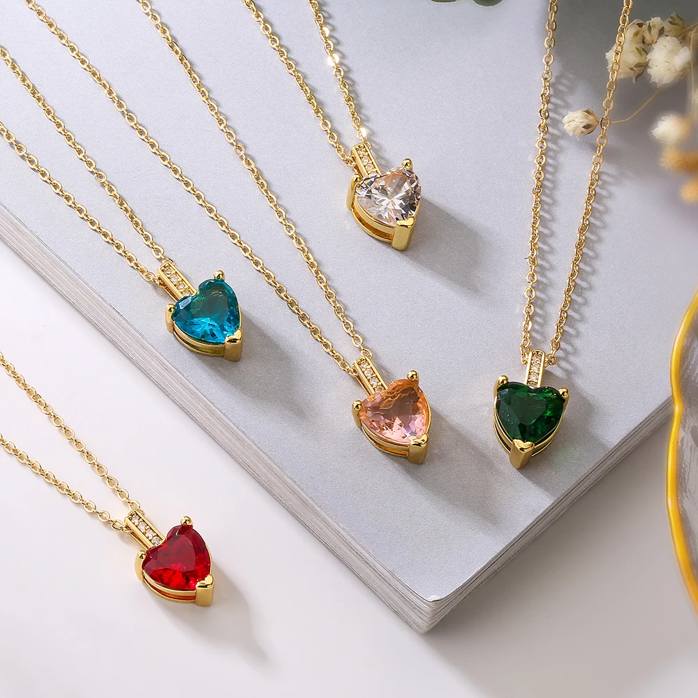 NEWBUY Fashion 5 Colors Crystal Heart Pendant Gold Color Stainless Steel Chain Necklaece For Women Girl CZ Zircon Party Jewelry