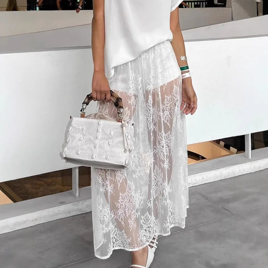 مثير منظور تنورة دانتيل المرأة الربيع والصيف مزاجه الأبيض عالية الخصر ألف على شكل تنورة طويلة الملابس النسائية بالجملة #2