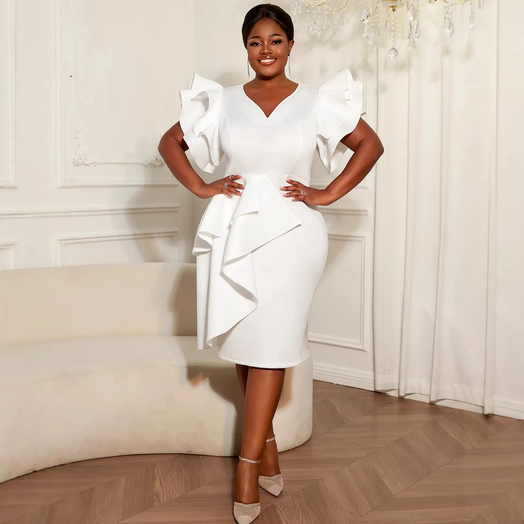

Plus-size Women's White V-neck Dress With Ruffled Sleeves, Waist-cinching, Body-hugging, Elegant Formal Dress Casual Y2K