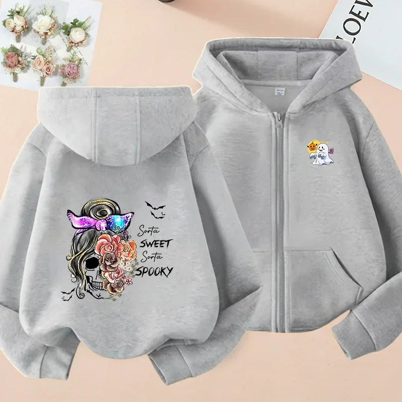 Halloween Costume Harajuku Pattern Print Children Adult Zipper Hoodie Gray Zipper Hoodie Children's Adult Coat Parent-child Coat