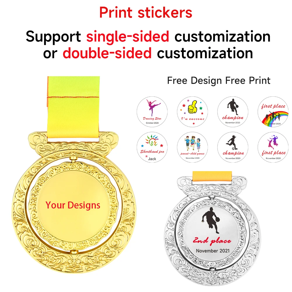 Spinning Medals Blank Medal Award with Neck Ribbon Prize Gift School Sports Souvenir Medal Football Ski Awards Trophy Free Print