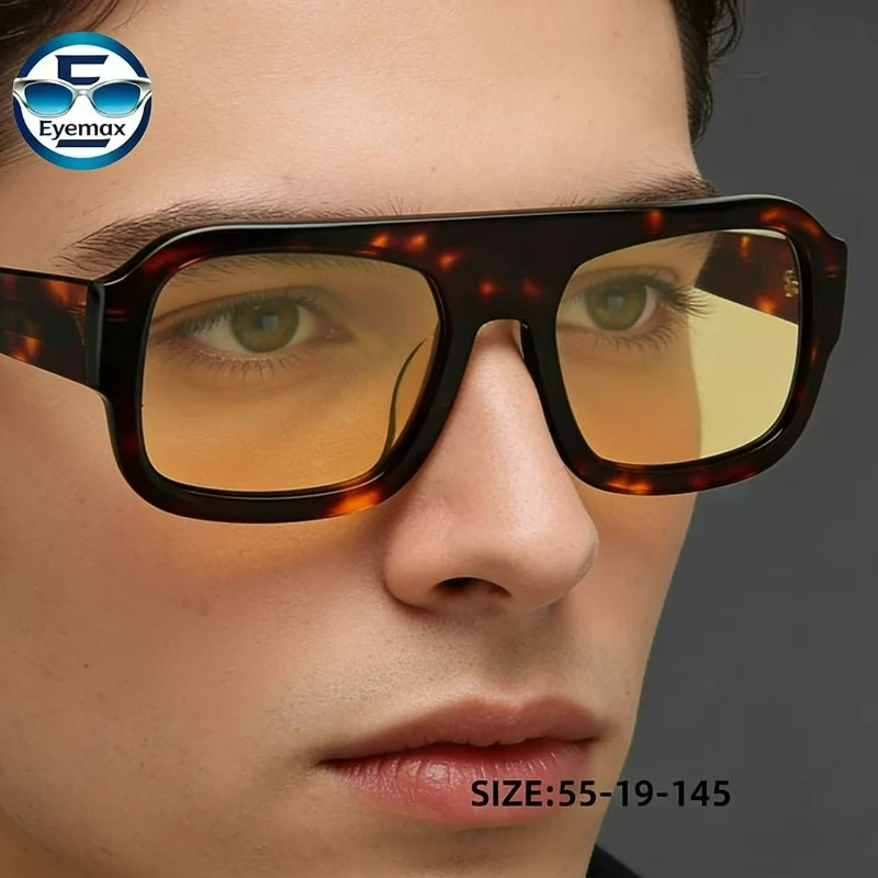 

Новые винтажные солнцезащитные очки-авиаторы 2026 года, оправа из ацетата под черепаховый панцирь, 55-19-145, желтые линзы UV400, модные очки для мужчин и женщин