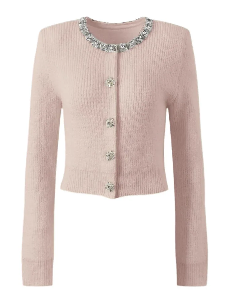 

2025 Cardigan Sweater Hot Diamond Pull Femme Winter Clothes Woman Solid Color Round Neck Slim Temperament Elegant Casual Fashion