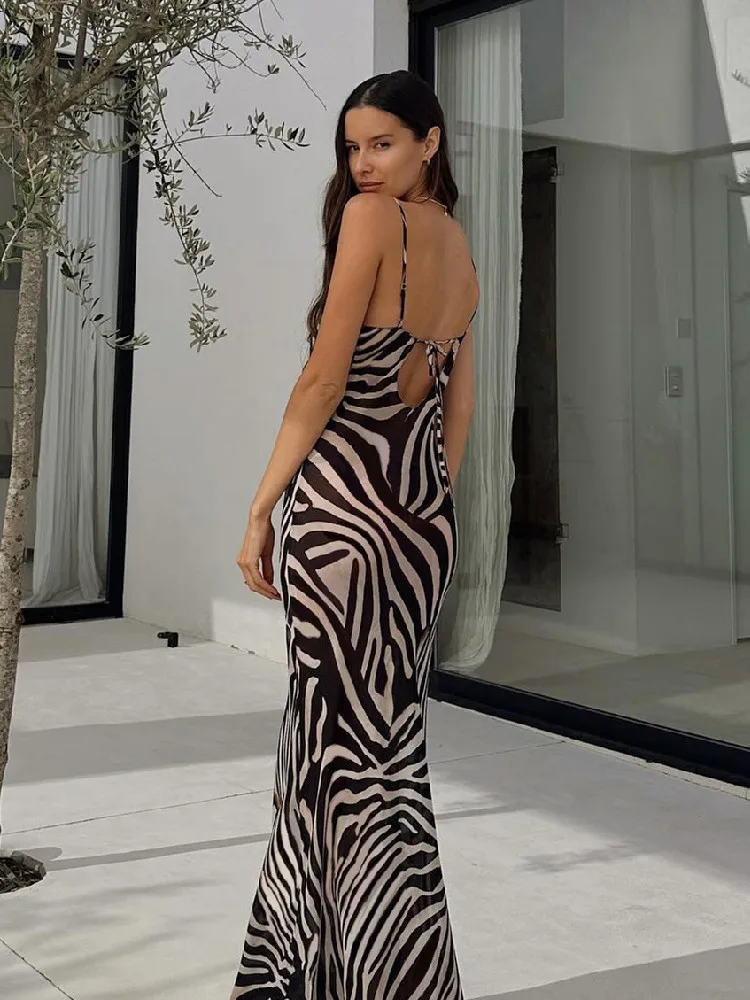 Chiffon Zebra Print Beach Dress Women Sexy See Through Sim Long Party Dresses Summer Spaghetti Strap Backless Holiday Dress 2024