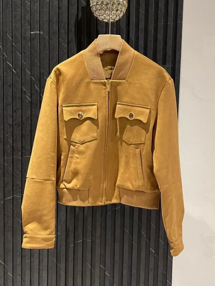 Autumn Women Stand Collar Long Sleeve Suede Cargo Jacket Pleated Mini Skirt Two Piece Set Lady High Street Fashion Matching Sets
